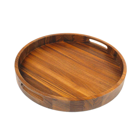 16.5 Inch Round Walnut Wood Serving and Coffee Table Tray with Handles by Virginia Boys Kitchens
