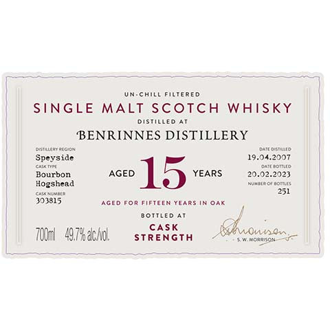 A.D. Rattray Benrinnes Aged 15 Years Single Malt Scotch Whisky