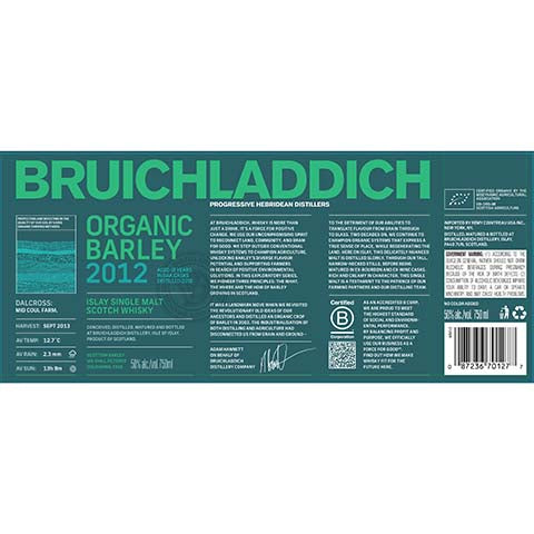 Bruichladdich Organic Barley 2012 Islay Single Malt Scotch Whisky