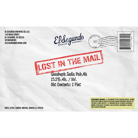 El Segundo Lost In The Mail Quadruple IPA