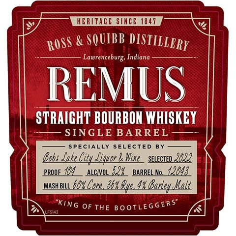 Ross & Squibb Remus Single Barrel Straight Bourbon Whiskey