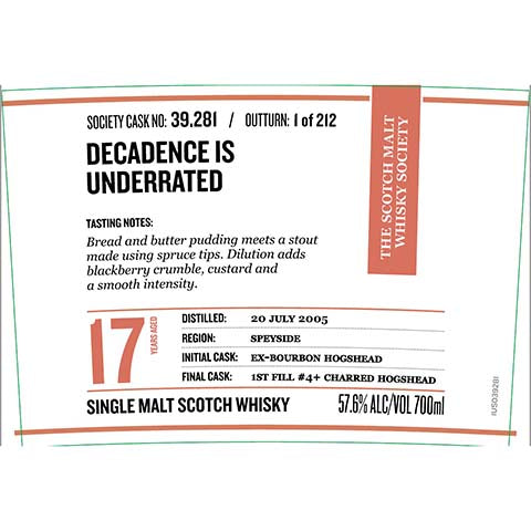Society 39.281 Decadence Is Underrated Single Malt Scotch Whisky